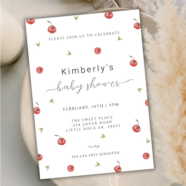 Sommarfärgen Cherry Sweet Baby Shower Inbjudningar (Summer Watercolor Cherry Sweet Baby Shower Invitation)