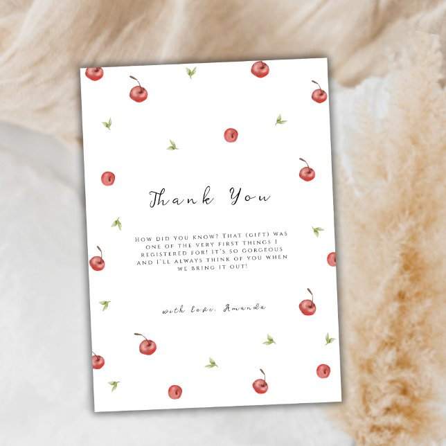 Sommarfärgen Cherry Sweet Baby Shower Tack Kort (Summer Watercolor Cherry Sweet Baby Shower Thank You Card)