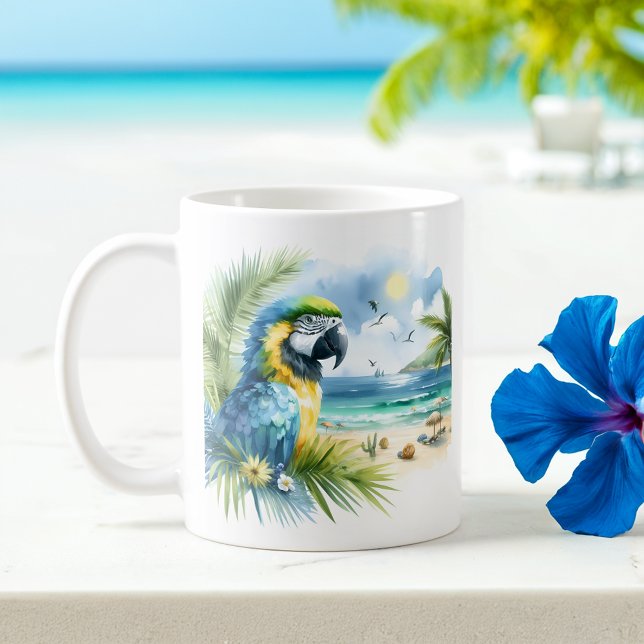 Sommarfärgen Parrot på stranden Kaffemugg (Skapare uppladdad)