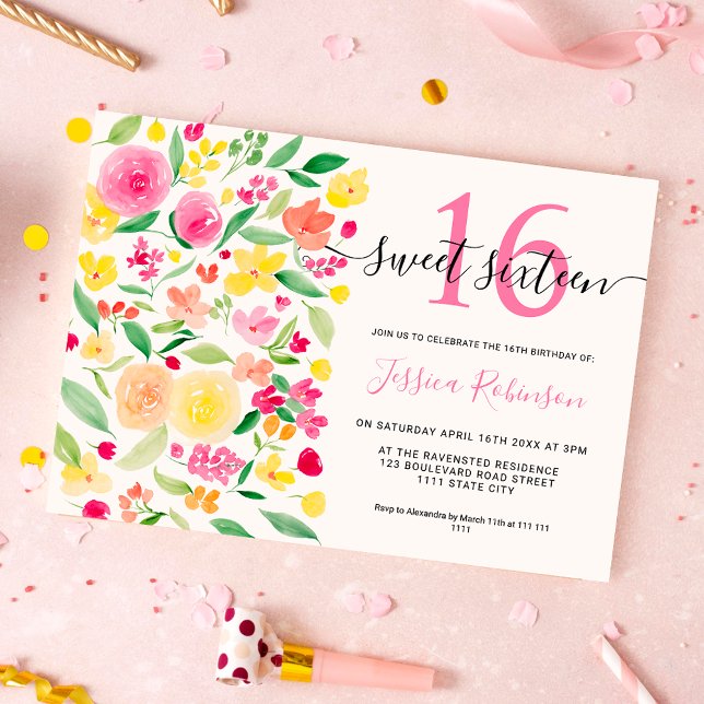 Sommarfärgning, vattenfärg, rosa 16-blommigt inbjudningar (Summer floral watercolor pink Sweet 16 photo Invitation)