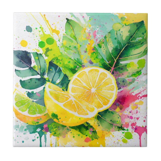 Sommarfärgsjuicy Lemons Paint Stänk Kakelplatta (Framsidan)