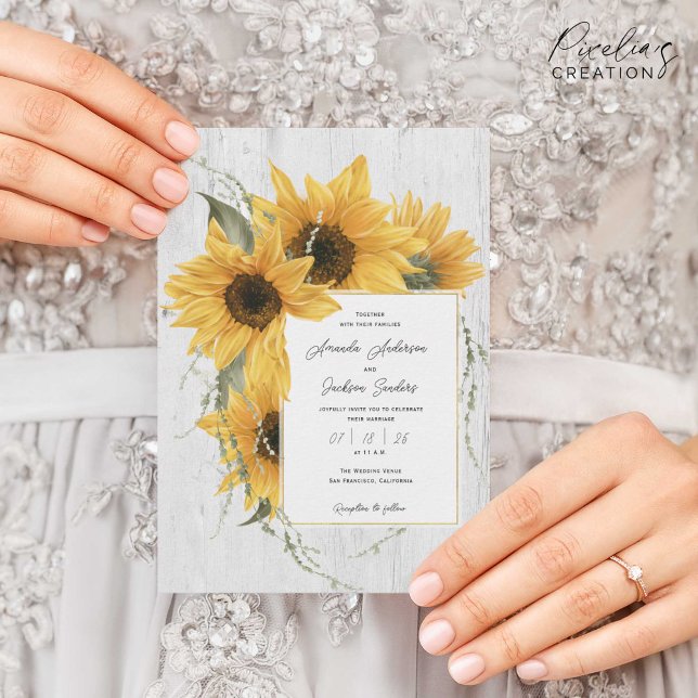 Sommarfärgsolrosor, rustik lada bröllop inbjudningar (Rustic, watercolor sunflower themed, Wedding invitation for country, barn wedding on summer or fall)
