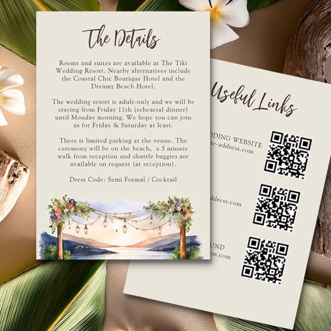 Sommarfärgsskräppostinformation QR-kod Tilläggskort (Wedding Details and QR Codes Insert Card from the Sunset Beach Wedding Collection by Darling & May)