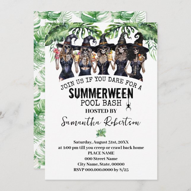 Sommarfest för häxor och tjejer på poolen inbjudningar (Fram/baksida)