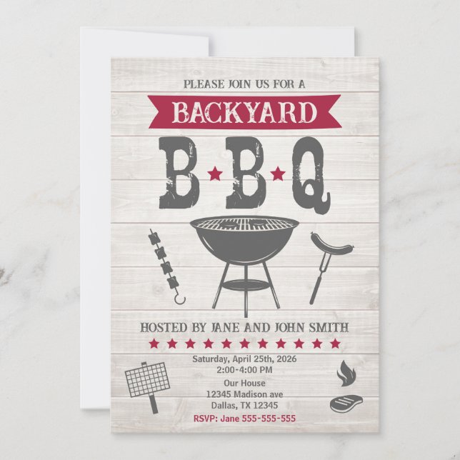 Sommarfest med grillning på bakgården, lantlig stä inbjudningar (Framsida)