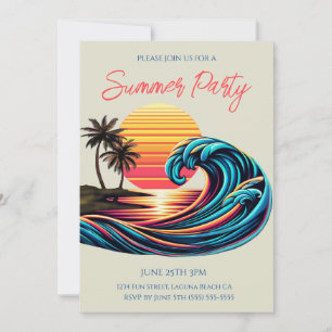 Sommarfest - Solnedgång Retro Surfvåg Inbjudningar