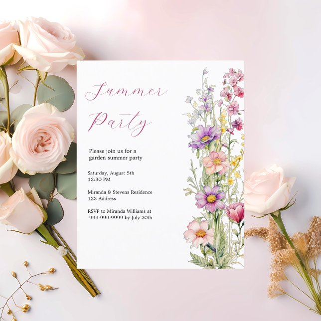 Sommarfest trädgårdsblommor rosa lila inbjudan (Skapare uppladdad)