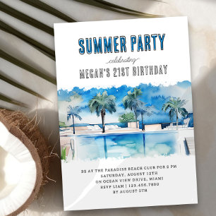 Sommarfest Vattenfärg Tropisk Pool Födelsedag Inbjudningar