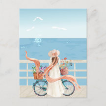 Sommarflicka i blå havet med cykel