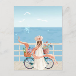 Sommarflicka i blå havet med cykel vykort