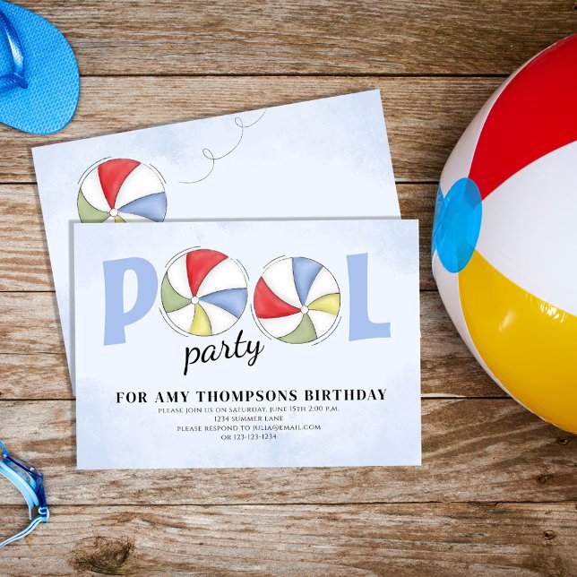 Sommarfödelsedag Bassäng Party Beach Bollar Inbjudningar (Pool party beach balls invitations)