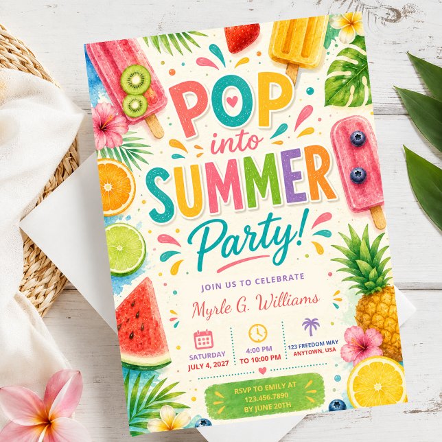 Sommarfödelsedags Popsicle Poolparty Tropisk Frukt Inbjudningar (Skapare uppladdad)