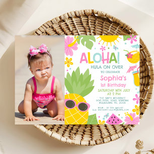 Sommarfoto Pineapple Aloha 1:a födelsedag Rosa Inbjudningar