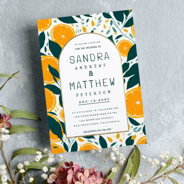 Sommarfrukt, botaniska orangar Bröllop Inbjudningar (Summer oranges fruit botanical foliage Wedding )
