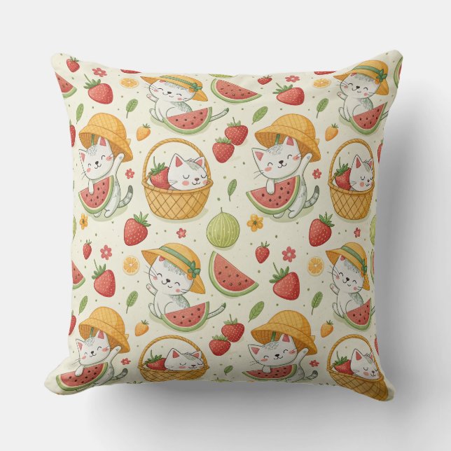 Sommarfrukt Kattmönster - Picknickdesign för barn Kudde (Framsida)