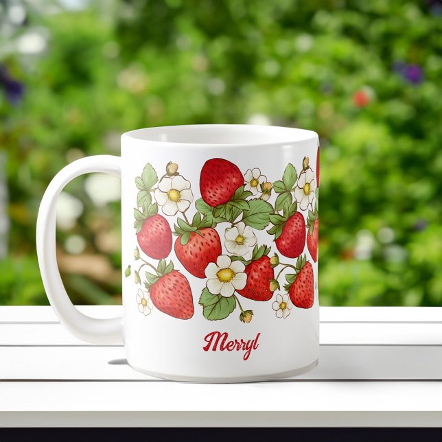 Sommarfrukten jordgubbe skräddarsydd namn kaffemugg (Strawberry summer fruit collage customized personalized name coffee mug bridesmaids gifts for her)