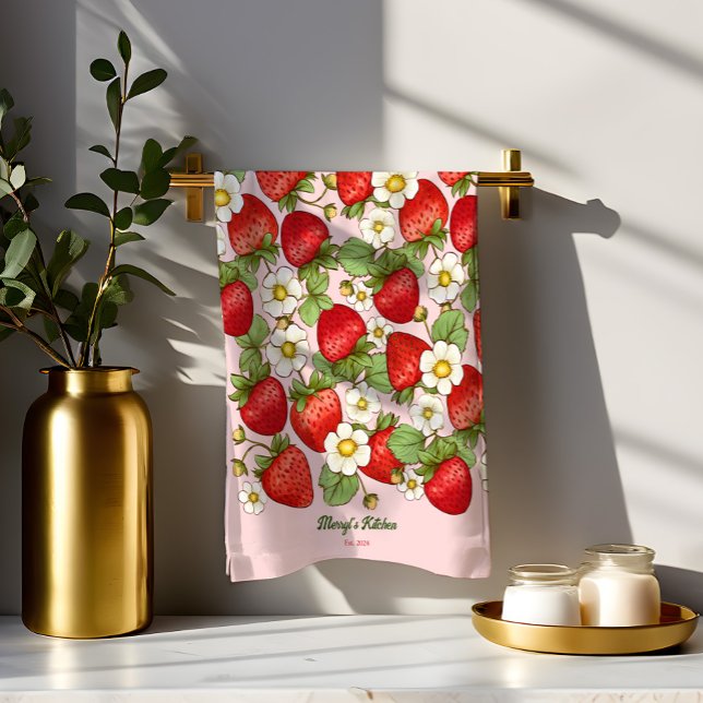 Sommarfrukten jordgubbe skräddarsydd namn kökshandduk (Strawberry pattern summer fruit personalized name kitchen towel customized housewarming gifts)