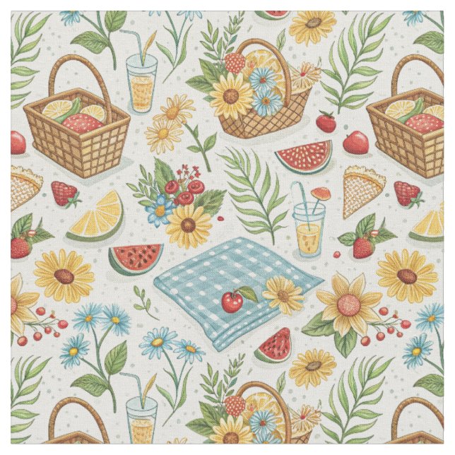 Sommarfrukter & Solrosor - Strandpicknickmönster Tyg (Närbild)