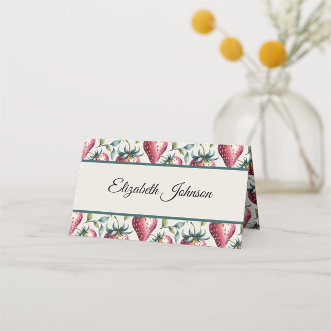 Sommargäst vid Rosa Strawberry (Namn) Placeringskort (Framsida)