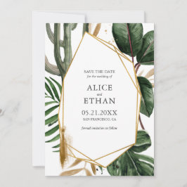 Sommärgreenery med guldgeometrisk Save The Date Spara Datumet