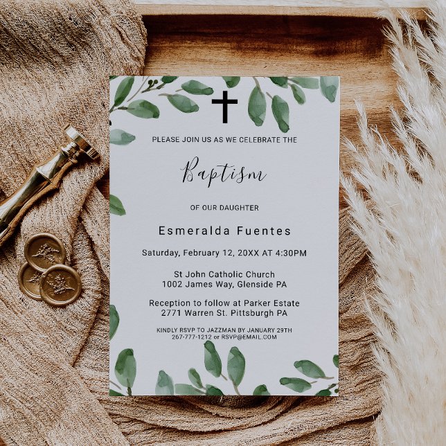 Sommargrey Tropical Eucalyptus Kor Baptism Inbjudningar (Skapare uppladdad)