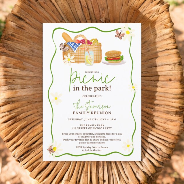 Sommargrönt Picknick i parken familjeåterförening Inbjudningar (Summer green Picnic in the park family reunion Invitation )