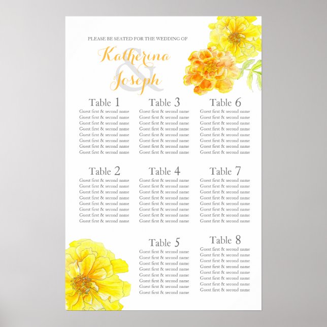 Sommarguld gul bröllops sittplatsschema 1-8 poster (Framsidan)
