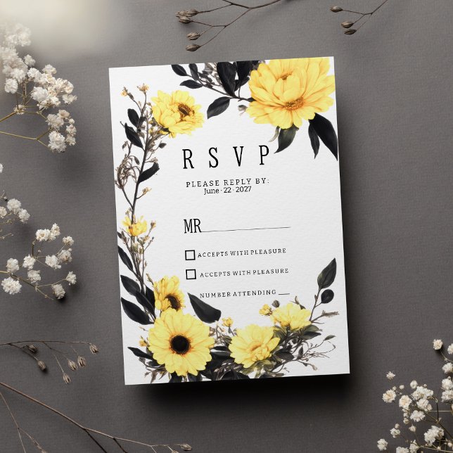 Sommargultens mörk grått daisy blommigt OSA Inbjudningar (Summer yellow dark gray daisy floral RSVP )