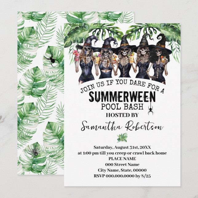 Sommarhalloween-fest för häxor och tjejer vid pool inbjudningar (Fram/baksida)