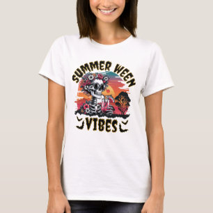 Sommarhalloween Solnedgång Blommig Skelett Vattenm T Shirt