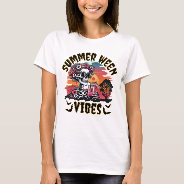 Sommarhalloween Solnedgång Blommig Skelett Vattenm T Shirt (Framsida)