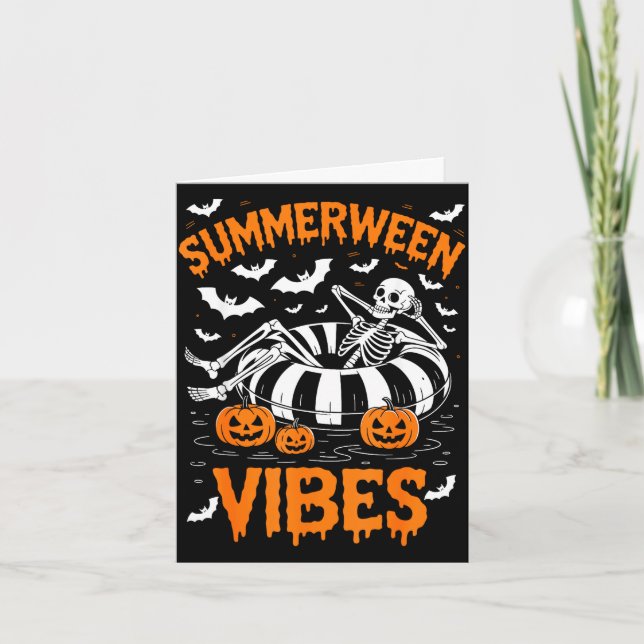 Sommarhalloween stämning skelett flyter pool pumpa kort (Framsida)