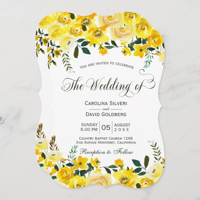 Sommarhandskriften gul ros blommigt i bröllop inbjudningar (Fram/baksida)
