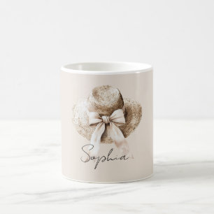 Sommarhatt i krämfärg med söt rosa rosett kaffemugg