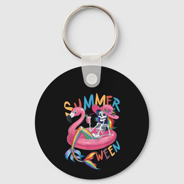 Sommarhelgesskelett Flamingo Sommar Halloween Kvin Nyckelring (Framsida)