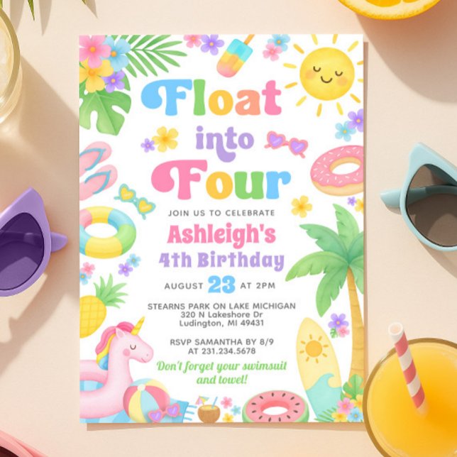 Sommarinbjudan 4e födelsedagen - Flyt i fyra Inbjudningar (Summer 4th Birthday Invitation - Float into Four
)