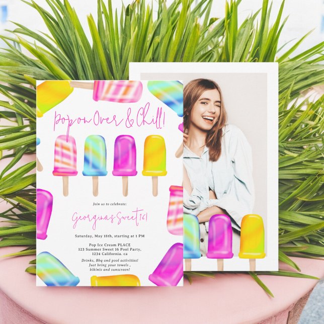 Sommarinlägg på glassfoto av kylagg Söt 16 Inbjudningar (Summer Pop on chill ice cream photo Sweet 16 Invitation)