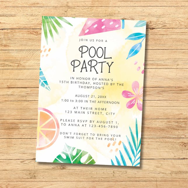 Sommarinvitation till poolparty med akvarelltema inbjudningar (Skapare uppladdad)