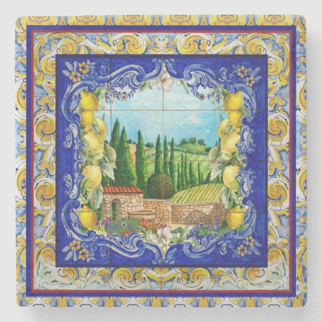 Sommaritalian Majolica Blue tiles citrus Stenunderlägg (Framsidan)