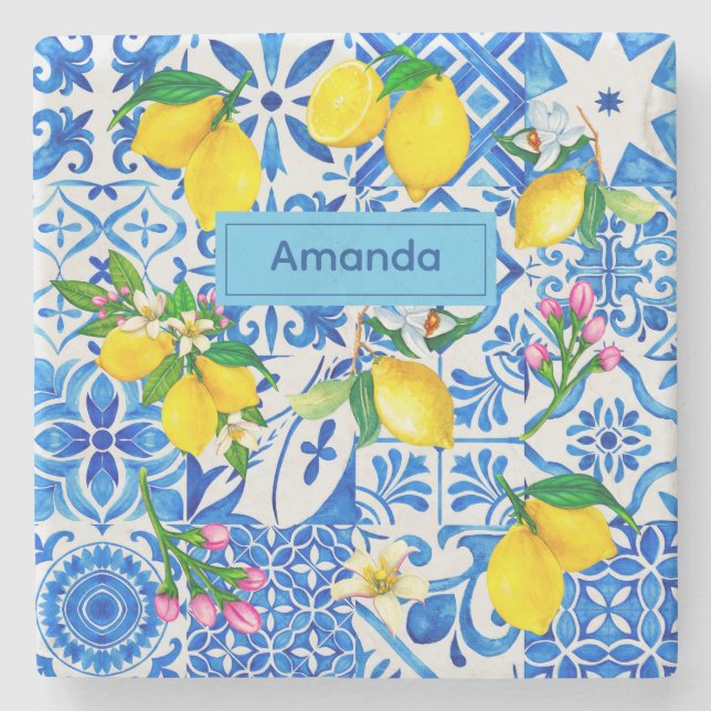 Sommarjolica blå siciliansk citrus Medelhavet Stenunderlägg (Framsidan)