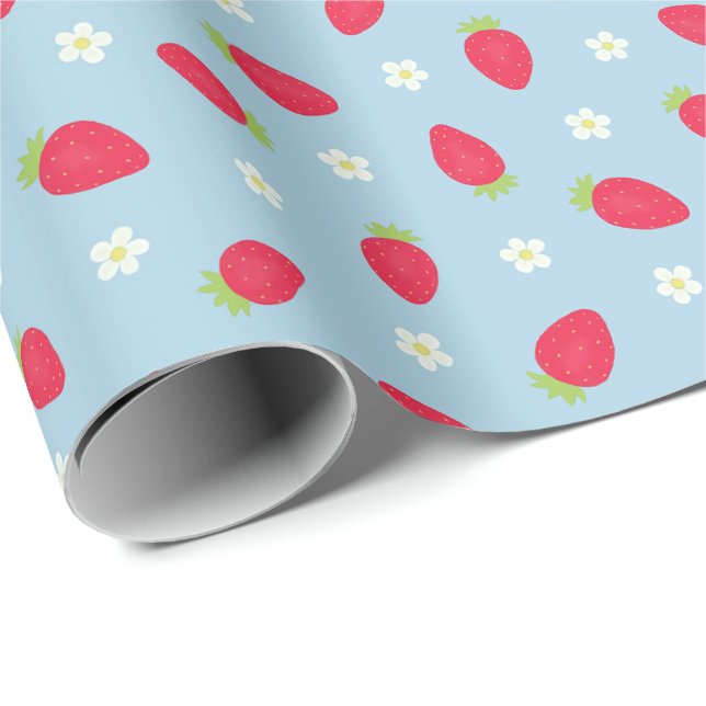 Sommarjordgubbar på Blått (stor skala) Presentpapper (Rullad Hörn)