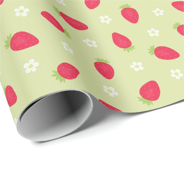 Sommarjordgubbar på grönt (stor skala) presentpapper (Rullad Hörn)