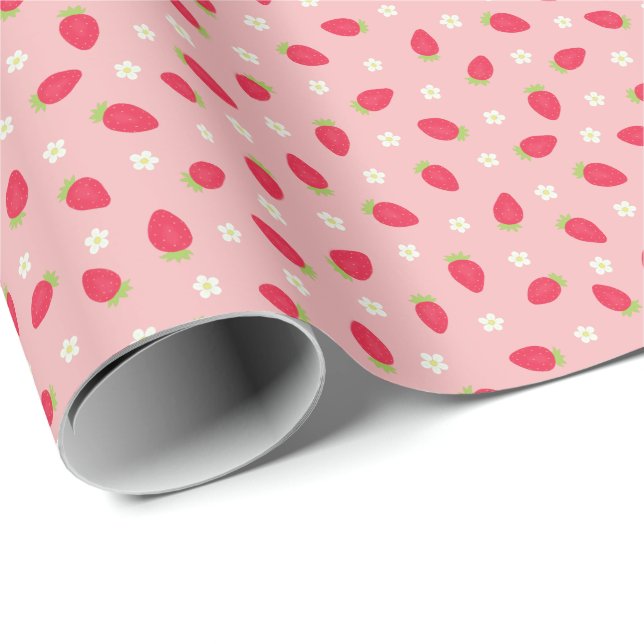 Sommarjordgubbar på rosa (liten skala) presentpapper (Rullad Hörn)
