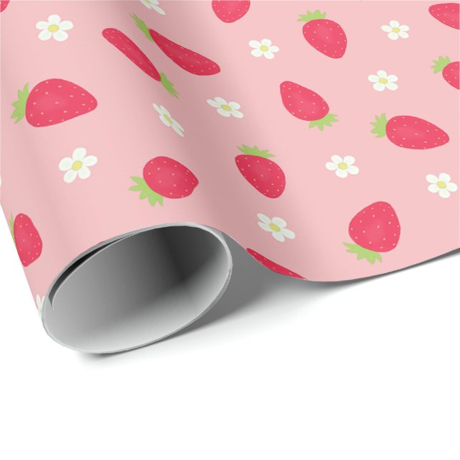 Sommarjordgubbar på rosa (stor skala) presentpapper (Rullad Hörn)