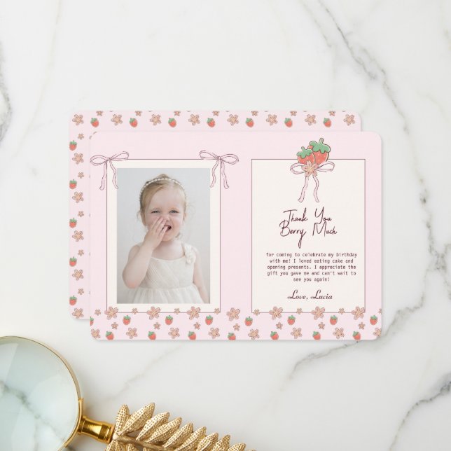 Sommarjordgubbar Rosa Ribbon Tack Kort (Fram/Back In Situ)