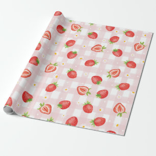 Sommarjordgubbens Daisy Blommigt Rosa Gingham Part Presentpapper