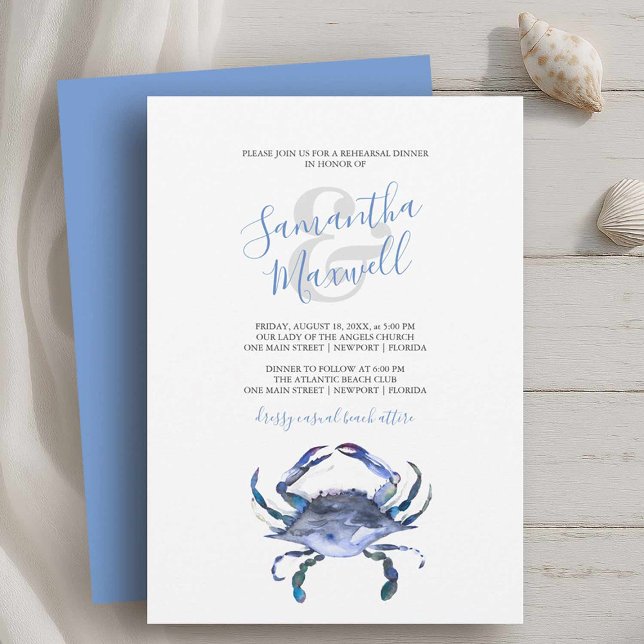 Sommarkallelse till sommarmiddag Blue Crab (classy rehearsal dinner invitations with blue crab on a white background printable or printed cards)