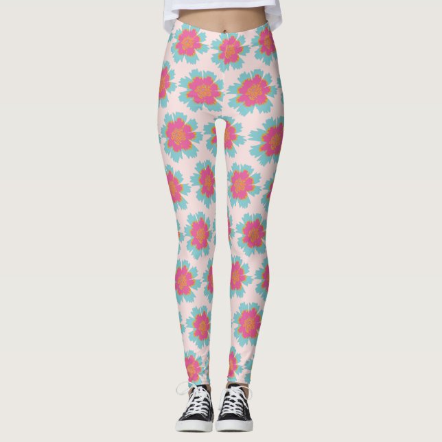 Sommarkänsla rosa och blått blommönster leggings (Framsida)