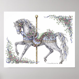 Sommarkarousel Horse Pen och Bläck Teckning Poster