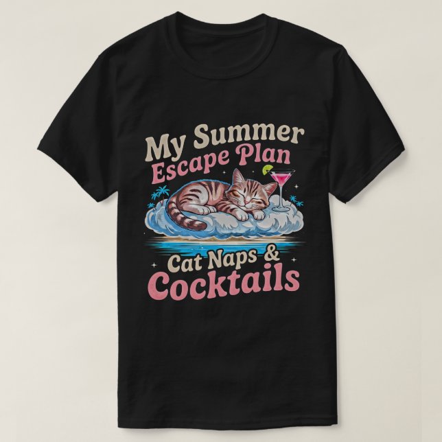Sommarkatt: tupplur & drinkar flyktplan t shirt (Design framsida)